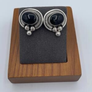 1990s ATI Mexico Onyx Earrings Vintage 925 Solid Sterling Silver Studs Artisan